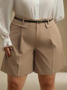 Anewsta Shorts anchos con cinturón de línea A moderna para talla grande, de uso casual y para ir al trabajo - Caqui - Ver 3