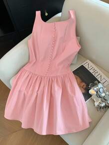 GlowEve Sleeveless Square Neck Button Ruffle Hem Elegant Women Mini Dress - Pink - View 1