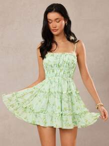 L'Amorae 碎花印花荷叶边层叠下摆细节春夏连衣裙 - 綠色 - 查看 2