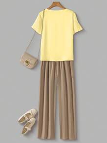 SHEIN LUNE 2pcs/Set Women Spring Casual V-Neck White Shirt And Khaki Pants - Yellow - View 2