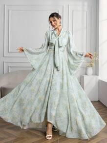 Modelyn Vestito al ginocchio con scollo a V, stampa floreale, maniche lunghe,elegante