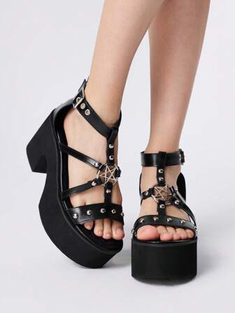 Grunge Punk Unique Punk Design Star Rivet Strap Buckle Zip Back Round Toe Wedge Thick Sole Roman Style PU Leather Black Sandals, Suitable For Graduation, Photography, Workplace