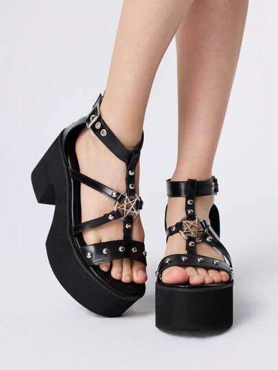 Grunge Punk Sandalias negras de PU con diseño único de estilo punk, con correa, hebilla con remaches en forma de estrella, cremallera en la parte posterior, punta redonda, cuña y suela gruesa, apropiadas para graduación, fotografía y trabajo