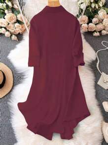 EMERY ROSE Women's Casual Everyday Loose Solid Color Shirt Dress - Burgundy - View 2
