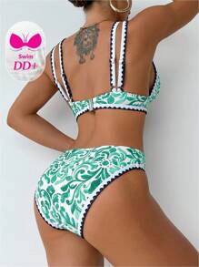 Swim DD+ Women's Summer Beach Floral Print Sexy DD+ Wireless Triangle Cup Bikini Set