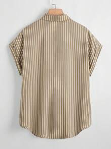 SHEIN LUNE Plus Size Casual Minimalist Loose Striped Short Sleeve Shirt - Mocha Brown - View 2