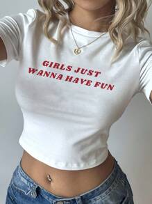 SHEIN EZwear Áo thun bó sát cổ tròn tay ngắn in khẩu hiệu "Girls Just Wanna Have Fun" thiết kế đơn giản & giản dị, phù hợp cho lễ hội âm nhạc, kỳ nghỉ xuân - trắng - Xem 7