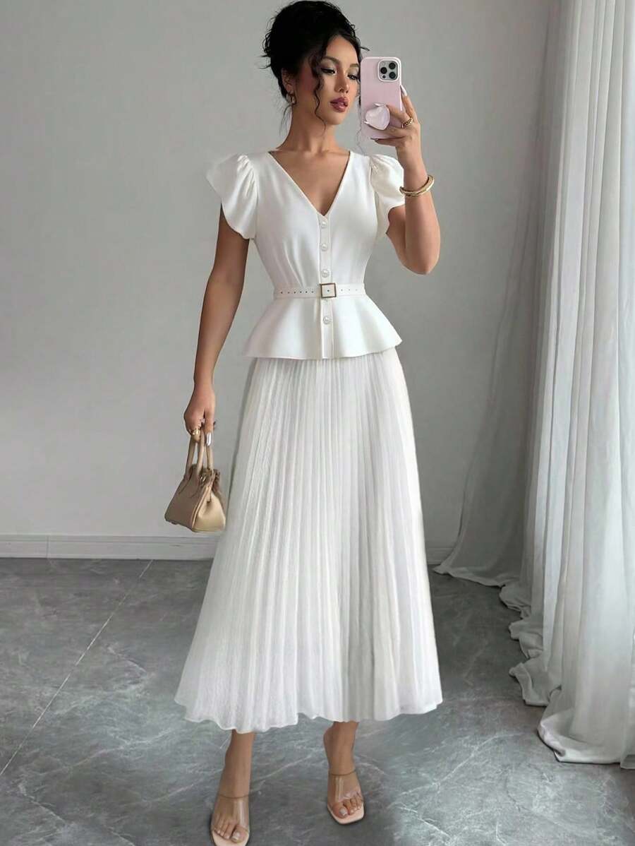 Selianne 两件套女士优雅法式小众奢华V领收腰上衣和半裙套装，高端美学服饰，春夏款 - 白色 - 查看 1