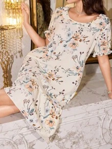 Camisón romántico para dama con cuello cuadrado, estampado floral y adorno de volantes