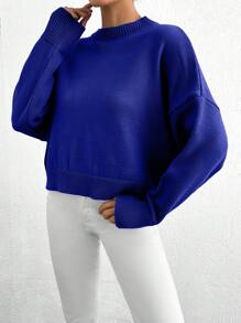 EURMUSE Women's Minimalist Solid Color Batwing Sleeve Loose Fit Sweater - Royal Blue - View 4