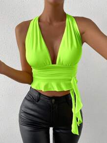 Allurite Blusa de cuello de halter recortada ajustada con efecto arrugado en color verde fluorescente sólido, para el verano y el estilo vacacional de la mujer