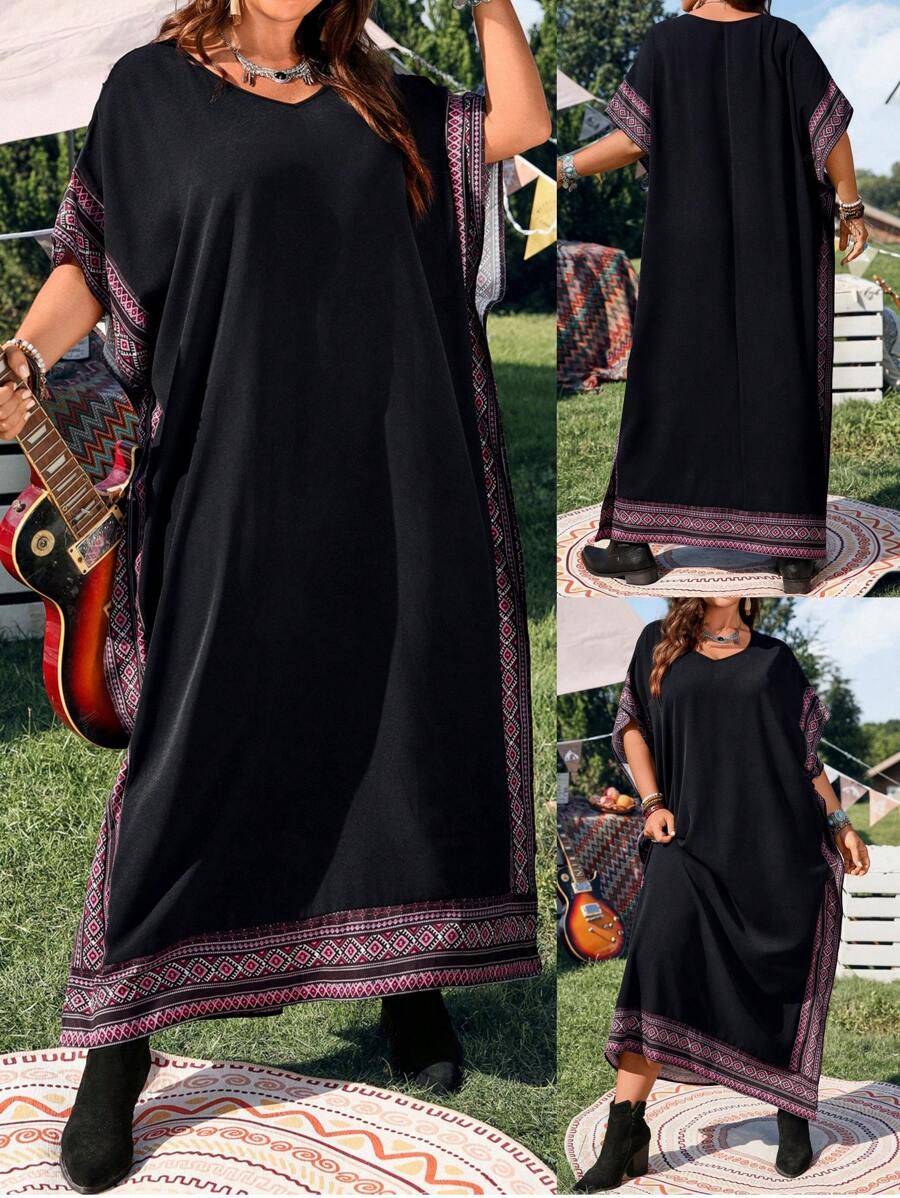 EMERY ROSE Plus Size Bat Wing Vintage Geometric Stripe Contrast V-Neck Cape Dress, Suitable For Spring And Summer Country Music Music Festival Bohemian Clothes Vacation Summer Dresses For Women,Flowy Dress