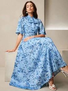 Anewsta 高品质新款时尚蓝色碎花蝴蝶领短袖松紧腰女式摆裙 - 藍色 - 查看 1