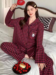 DAZY Plaid Bunny Print Long Sleeve Top & Pants Pajama Set Fall Winter Clothes - Blue - View 3