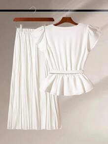 Selianne 两件套女士优雅法式小众奢华V领收腰上衣和半裙套装，高端美学服饰，春夏款 - 白色 - 查看 2