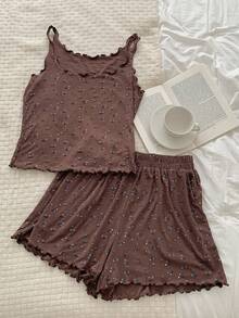 DAZY 2pcs Women's Comfortable Ditsy Floral Pajama Set - Coffee Brown - View 10