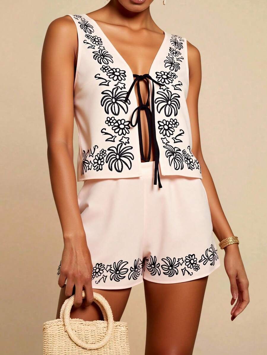 Travachic Conjunto de 2 peças de blusa curta e shorts femininos com estampa tropical casual para férias, estilo férias, estampa texturizada bordada, conjunto de 2 peças, conjunto de duas peças feminino, praia, boho, casual, simples, roupa ocidental para férias na ilha - Damasco - Ver 1