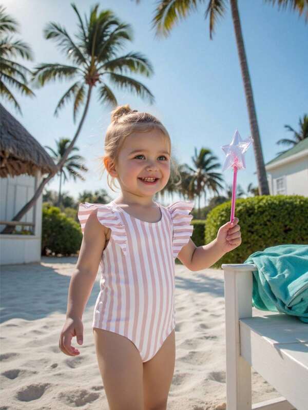 SHEIN Baby Girls Casual Striped Ruffle One-Piece Swimsuit, Bathing Suits For Toddlers