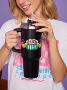 FRIENDS X SHEIN Botella de agua de acero inoxidable de 1200 ml / 40 oz, mantiene el agua fría, con pajita, apta para agua caliente y bebidas frías