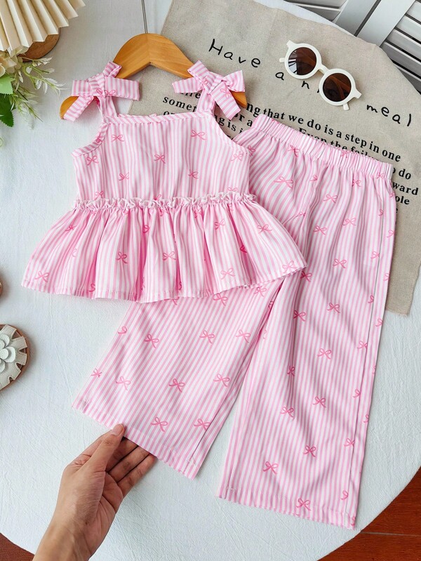 SHEIN Vintaside Kids 2 Pieces Baby Girl Casual Fashion Striped Bow Top And Pants Set Suitable For Spring And Summer Daily Wear
