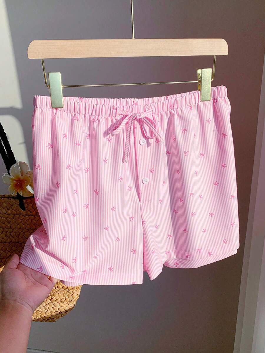 SHEIN EZwear 大码女式优雅条纹印花甜美粉色蝴蝶结低腰弹力短裤,夏季 - 粉色 - 查看 1