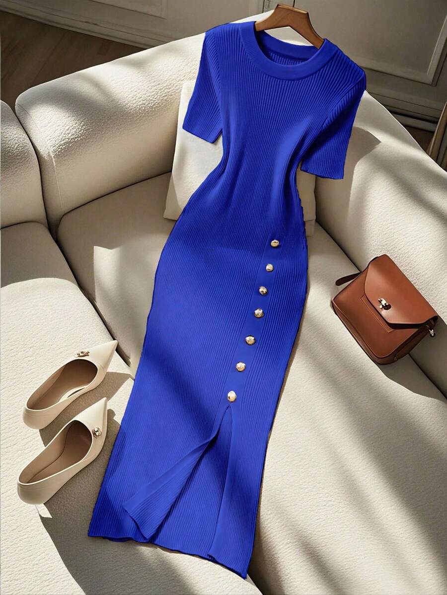 Franclia 女式优雅修身圆领短袖纽扣细节夏季针织连衣裙 - 水鴨藍 - 查看 1