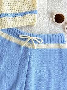 SHEIN Conjunto de 2 peças com Top de Malha Vazado e Shorts Listrados para Meninas Pré-Adolescentes - Multicolorido - Visão 6