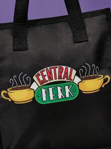 FRIENDS X SHEIN Bolsa de almuerzo aislada con estampado de taza de café, mantiene los alimentos calientes o fríos, bolsa de picnic, gran capacidad, puede contener cajas de almuerzo y bebidas, adecuada para picnics, camping, viajes, uso doméstico, adecuada para familias, niños y estudiantes, amigos, Central Perk