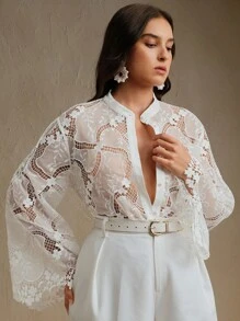 Anewsta 加大码女式法式白色蕾丝衬衫，2025年新品，高端独特设计优雅长袖上衣，夏季 - 白色 - 查看 5