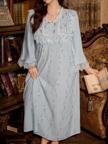 PalaceNights 大码女士复古刺绣长袖宽松睡裙睡衣睡袍，宽松舒适，适合秋冬季穿着。