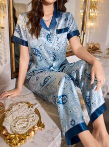 女士优雅腰果花卉印花仿丝蓝色撞色饰边短袖上衣和裤子睡衣套装