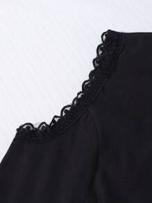 SHEIN 2件套青少年女孩裝：修身不對稱V領刺繡荷葉邊無袖上衣 & 純色高腰百褶裙，適合優雅青少年女孩 - 黑色 - 查看 8