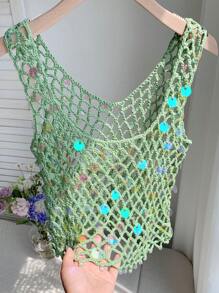 SHEIN EZwear Women's Summer Vacation Hand-Crocheted Heavy Beaded Camisole Sexy Tops Women