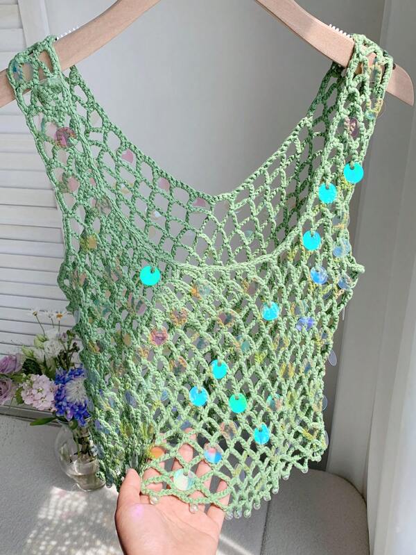 SHEIN EZwear Women's Summer Vacation Hand-Crocheted Heavy Beaded Camisole