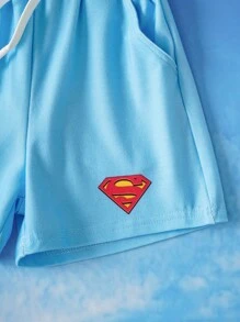 SUPERMAN X SHEIN Conjunto de camiseta de manga corta y pantalones cortos de niño casual de verano con estampado de letras y superhéroes en cuello redondo - Multicolor - Ver 5