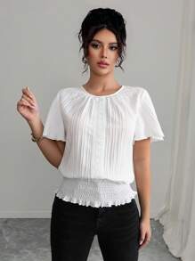 Selianne Áo cánh thường ngày nữ cạp chun nhún bèo họa tiết PETITE, tối giản và thanh lịch cho trang phục ngày lễ/đầm châu Phi cho nữ/băng đô/ngày 4 tháng 7/trang trọng lịch sự/mùa thu, halloween, dạ hội, trở lại trường/khiêm tốn - trắng - Xem 5