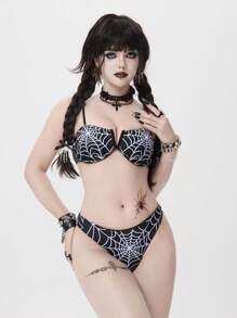 ROMWE Goth 哥特式蜘蛛网印花聚拢比基尼套装，万圣节