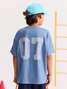 SHEIN Tween Boy Loose Casual Minimalist Comfortable Round Neck Short Sleeve Drop Shoulder Digit Print T-Shirt - Royal Blue - View 5