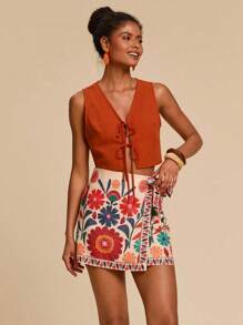 Travachic 2 件套女式纯色吊带背心和橙色花卉图案迷你裙套装，夏季时尚，度假风格，编织图案印花，女士休闲夏季度假服装，波西米亚海滩度假服装，波西米亚风情，节日服装，女士海滩服装，女士夏季服装，女士音乐会服装，热带度假女装，节日服装，波西米亚服装