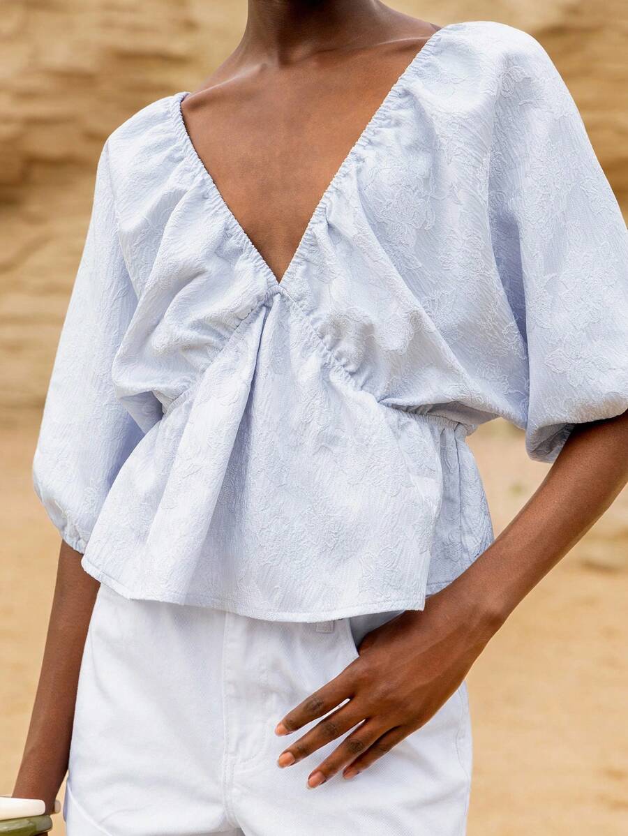 Lumivelle GuavaGirl SummerHoliday Fall Women Clothes Back To School Baby Blue Top Women V Neck Top Baby Blue Blouse