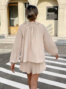 SHEIN Frenchy 2pcs/Set Women 3D Floral Decor Lantern Sleeve Shirt And Shorts Set Winter Casual - Apricot - View 2