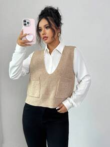 Rafferiza Pull sans manches à col V de couleur unie avec poche pour femmes - Kaki - Voir 1