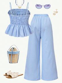 Set de 2 piezas de top con tirantes y pantalones a rayas con lazo delantero para adolescentes chicas - Azul - Ver 2