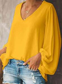 INAWLY 大码女式纯色V领灯笼袖宽松休闲衬衫 - 黃色 - 查看 5