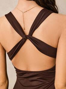 Poéselle 女式简约纯色细肩带露背连衣裙 - 棕色 - 查看 4