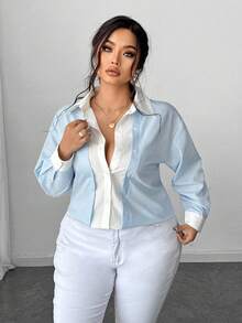 Elenzga 大码女式纯色拼布双襟休闲优雅办公室衬衫，春秋季