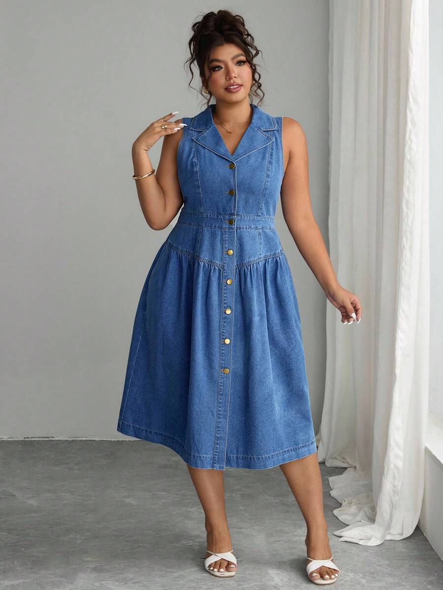 Elenzga 大码女式夏季翻领单排扣休闲无袖牛仔连衣裙