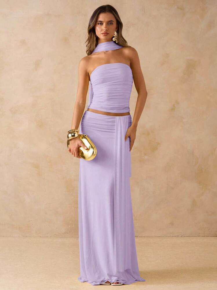 SHEIN BAE 2pcs/Set Women Summer Solid Pink Ruched Bandeau Top & Low Waist Ruched Tie Maxi Skirt, Beach Vacation Outfit, Bohemian Style Backless Dress, Women Music Concert Outfit, Wedding Bridesmaid Party Dress - Mauve Purple - View 3
