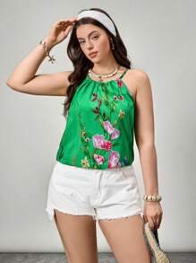 SHEIN LUNE Plus Size Women Floral Print Sleeveless Tank Top, Summer
