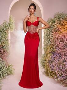 Glamrae Elegant Satin Strapless Twist Rhinestone Semi-Sheer Ruched Fishtail Evening Gown, Mesh Dress, Dress - Red - View 4